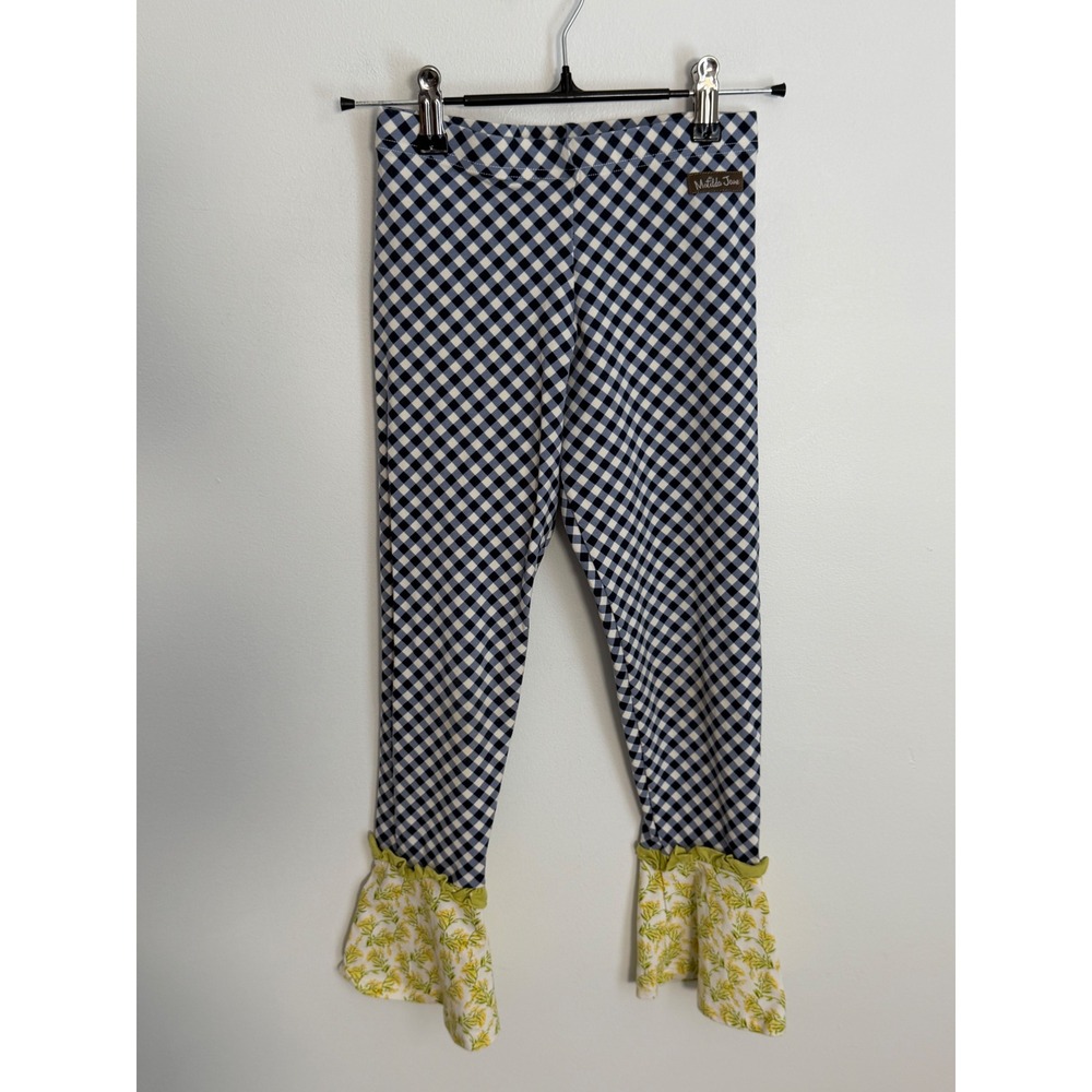 Matilda Jane Girls Navy Gingham Ruffle Hem Leggings Size 8 Floral Print Trim
